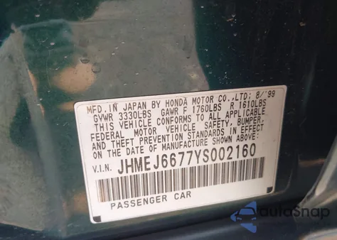 2000 Honda Civic Lx z USA, uszkodzony, nr VIN JHMEJ6677YS002160